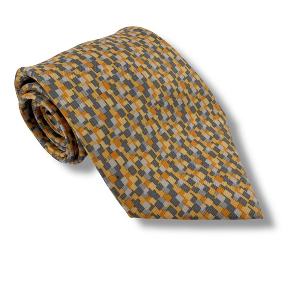 Hermes Silk Tie Mens 62"L Yellow Orange Grey Geometric Mosaic 5089 PA France - Picture 2 of 6